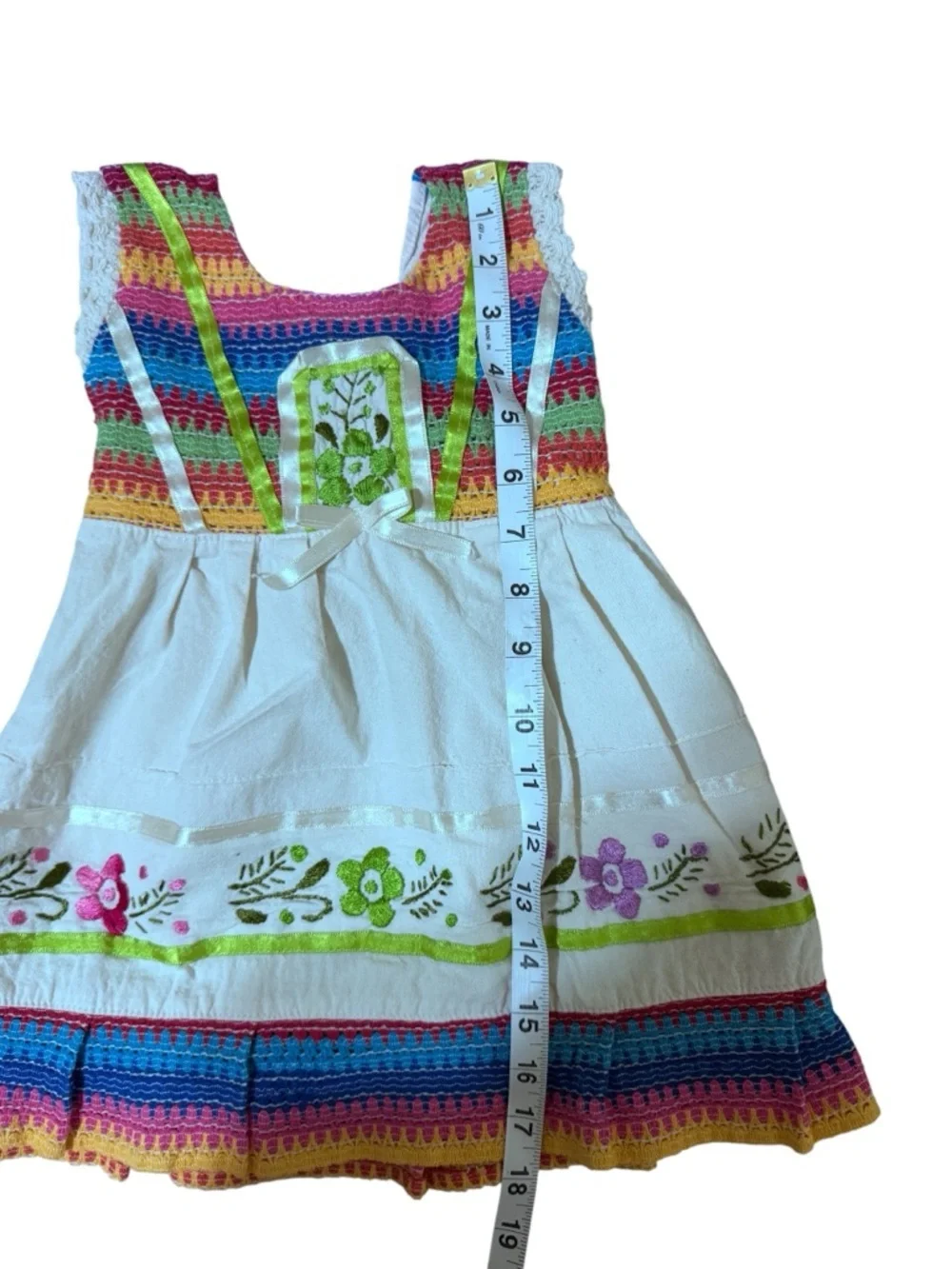 White Dress with Rainbow Trim & Floral Embroidery - Kids Casual Dress